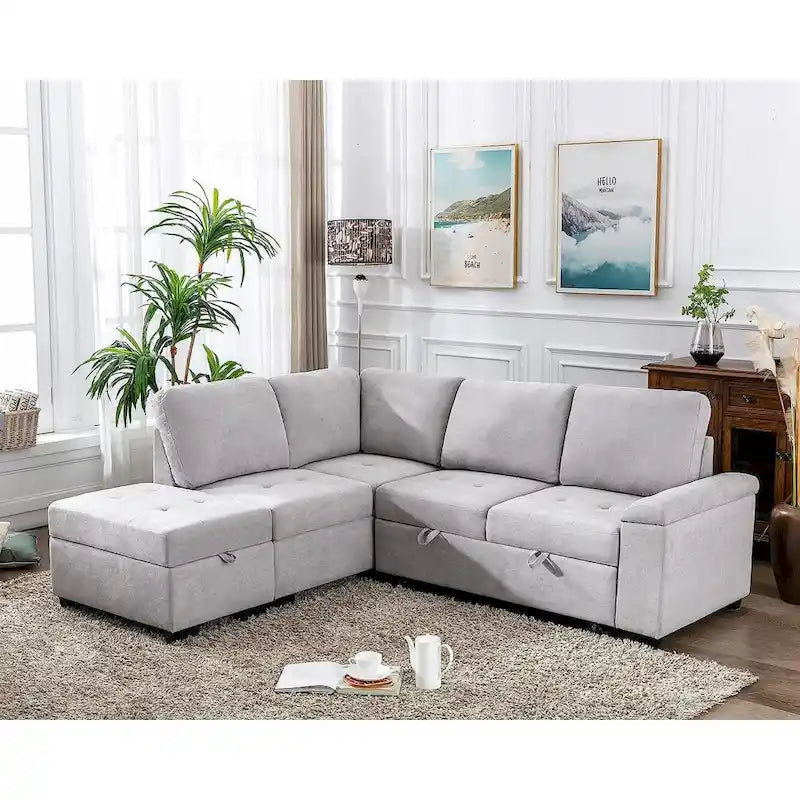 Canapé-lit d'angle en velours en forme de L de 222 cm (87,4 po), 5 places, avec 2 ports USB, pouf de rangement et accoudoir de rangement dissimulé.