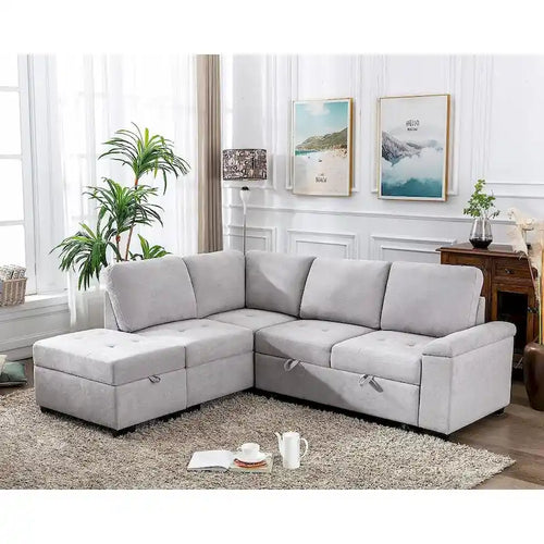 Canapé-lit d'angle en velours en forme de L de 222 cm (87,4 po), 5 places, avec 2 ports USB, pouf de rangement et accoudoir de rangement dissimulé.