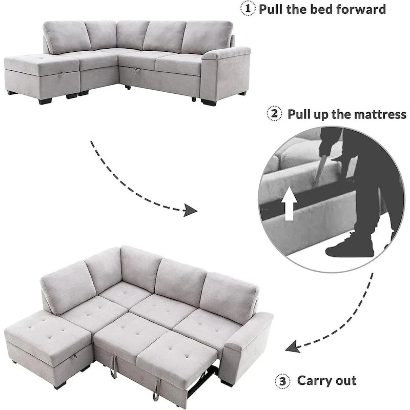 Canapé-lit d'angle en velours en forme de L de 222 cm (87,4 po), 5 places, avec 2 ports USB, pouf de rangement et accoudoir de rangement dissimulé.