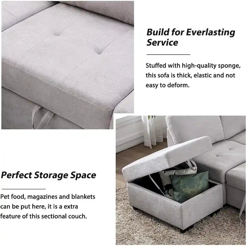 Canapé-lit d'angle en velours en forme de L de 222 cm (87,4 po), 5 places, avec 2 ports USB, pouf de rangement et accoudoir de rangement dissimulé.