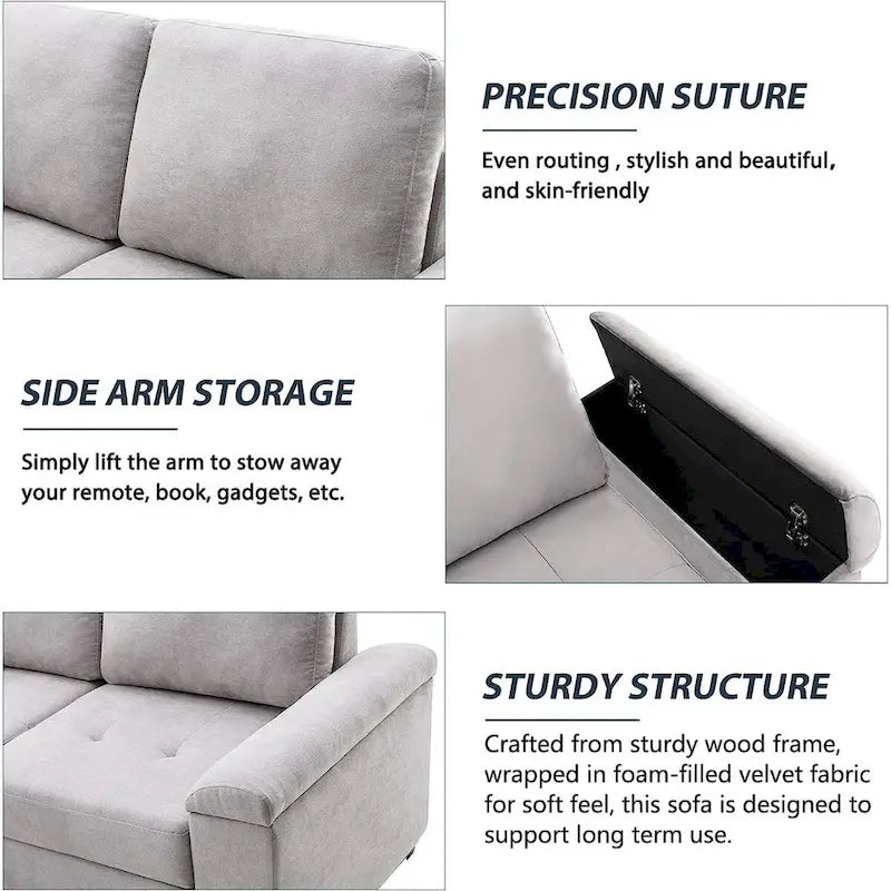 Canapé-lit d'angle en velours en forme de L de 222 cm (87,4 po), 5 places, avec 2 ports USB, pouf de rangement et accoudoir de rangement dissimulé.