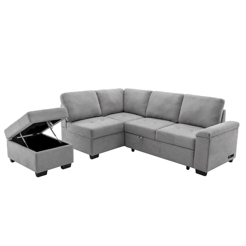 Canapé-lit d'angle en velours en forme de L de 222 cm (87,4 po), 5 places, avec 2 ports USB, pouf de rangement et accoudoir de rangement dissimulé.