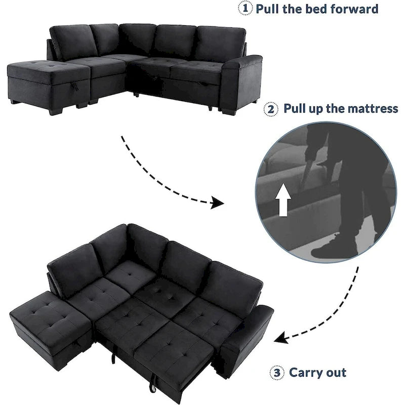 Canapé-lit d'angle en velours en forme de L de 222 cm (87,4 po), 5 places, avec 2 ports USB, pouf de rangement et accoudoir de rangement dissimulé.