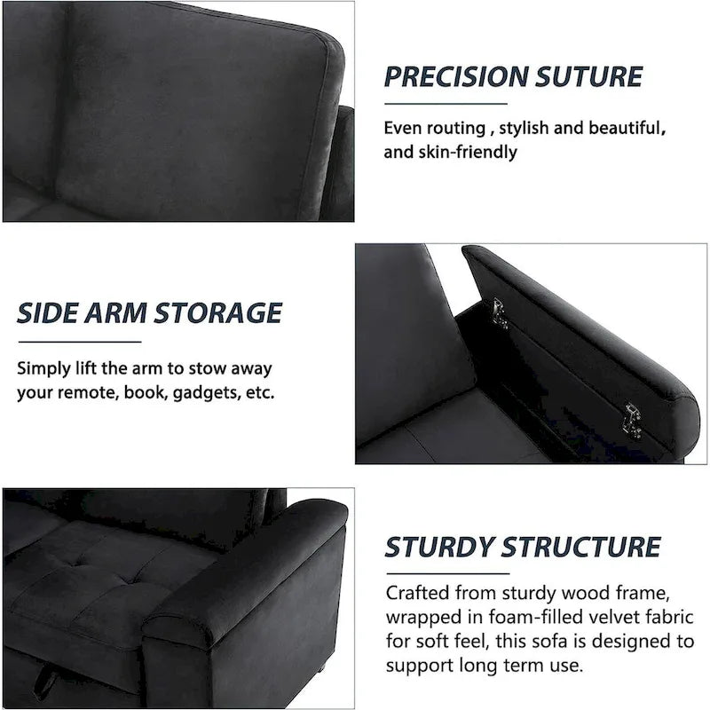 Canapé-lit d'angle en velours en forme de L de 222 cm (87,4 po), 5 places, avec 2 ports USB, pouf de rangement et accoudoir de rangement dissimulé.