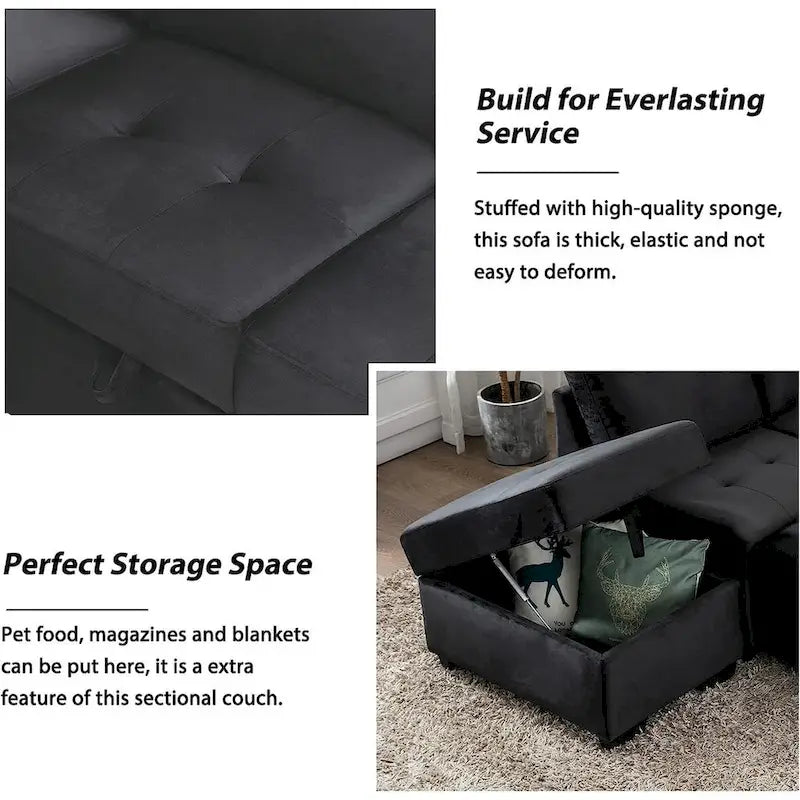 Canapé-lit d'angle en velours en forme de L de 222 cm (87,4 po), 5 places, avec 2 ports USB, pouf de rangement et accoudoir de rangement dissimulé.