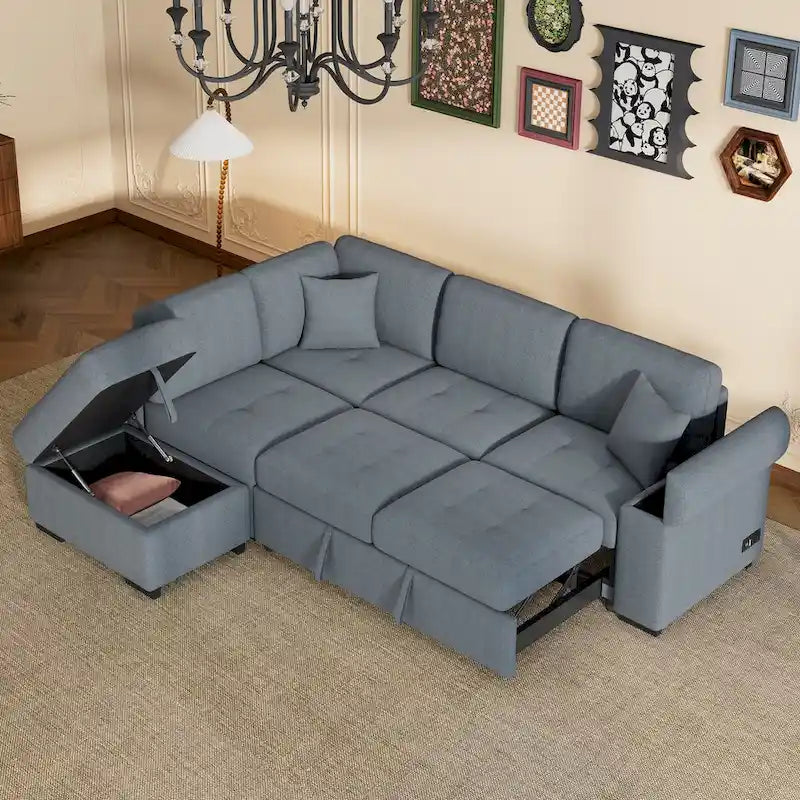 Canapé-lit d'angle en velours en forme de L de 222 cm (87,4 po), 5 places, avec 2 ports USB, pouf de rangement et accoudoir de rangement dissimulé.