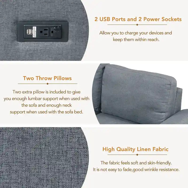 Canapé-lit d'angle en velours en forme de L de 222 cm (87,4 po), 5 places, avec 2 ports USB, pouf de rangement et accoudoir de rangement dissimulé.