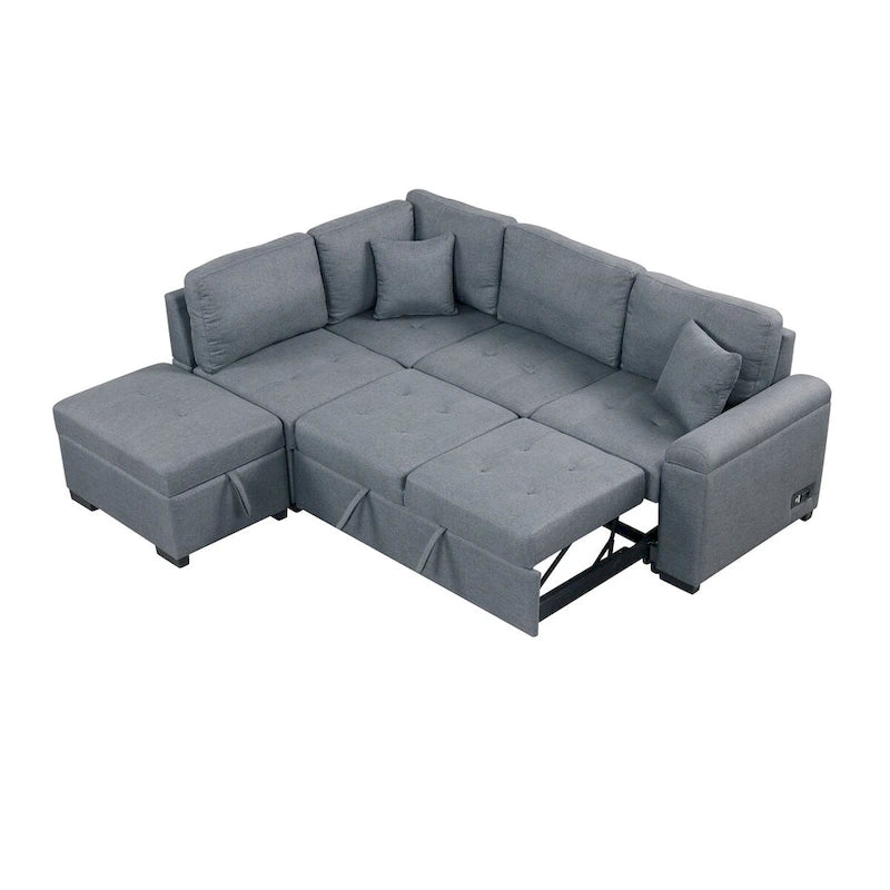 Canapé-lit d'angle en velours en forme de L de 222 cm (87,4 po), 5 places, avec 2 ports USB, pouf de rangement et accoudoir de rangement dissimulé.