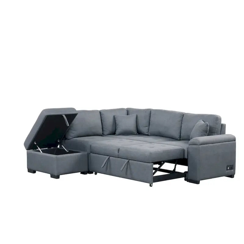 Canapé-lit d'angle en velours en forme de L de 222 cm (87,4 po), 5 places, avec 2 ports USB, pouf de rangement et accoudoir de rangement dissimulé.