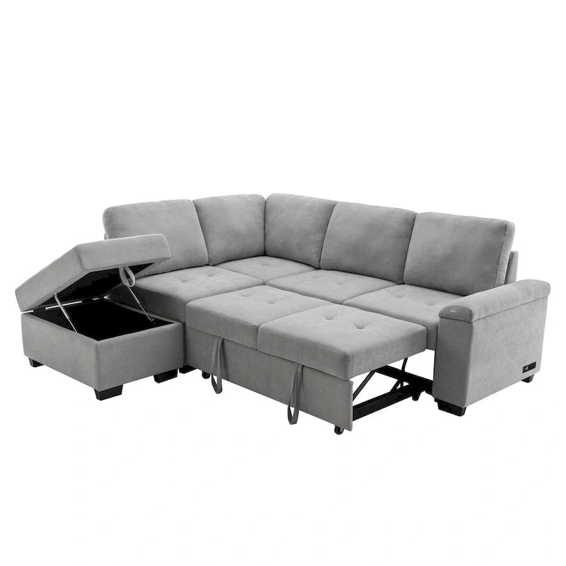 Canapé-lit d'angle en velours en forme de L de 222 cm (87,4 po), 5 places, avec 2 ports USB, pouf de rangement et accoudoir de rangement dissimulé.