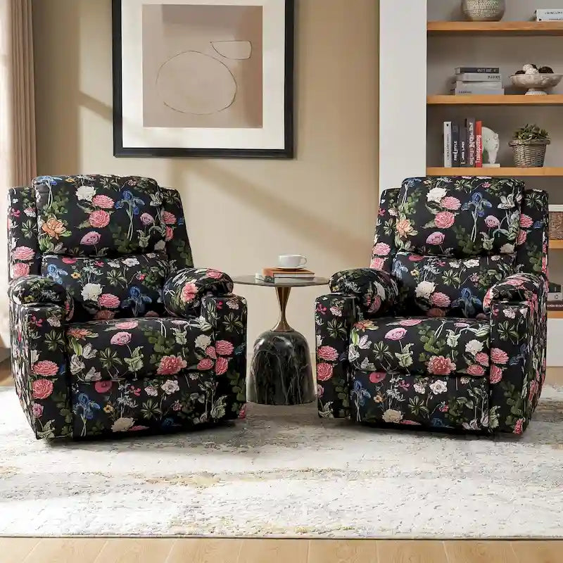 Ensemble de 2 fauteuils inclinables électriques chauffants à double moteur Larry Traditional Floral avec fonction massage, par HULALA HOME