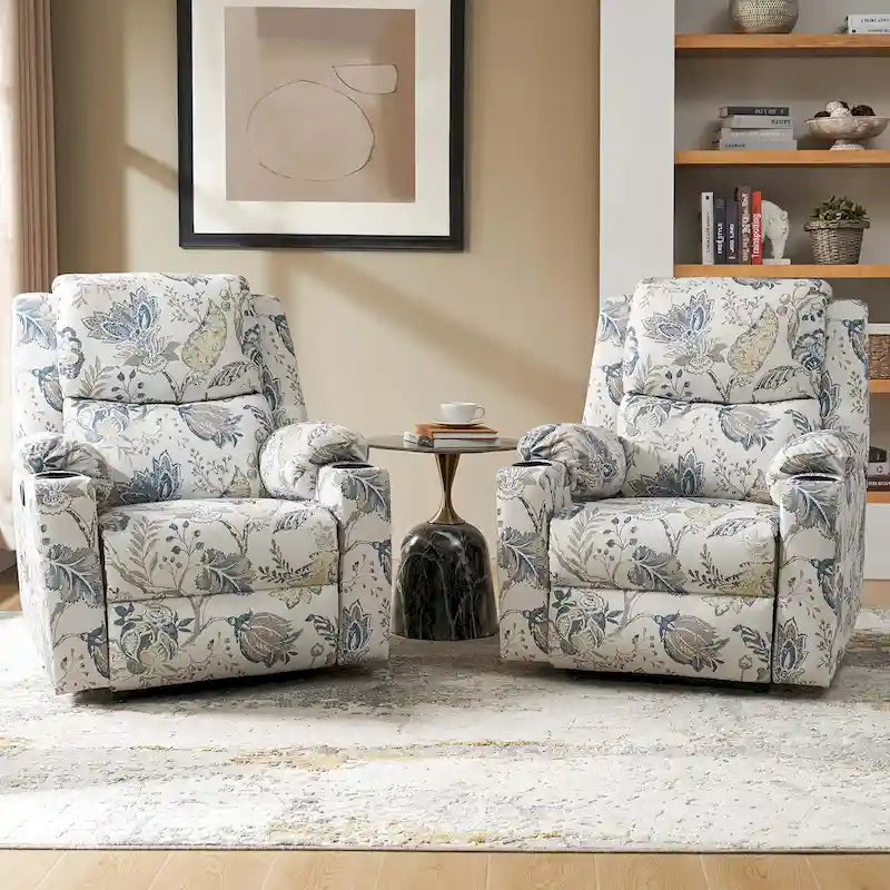 Ensemble de 2 fauteuils inclinables électriques chauffants à double moteur Larry Traditional Floral avec fonction massage, par HULALA HOME