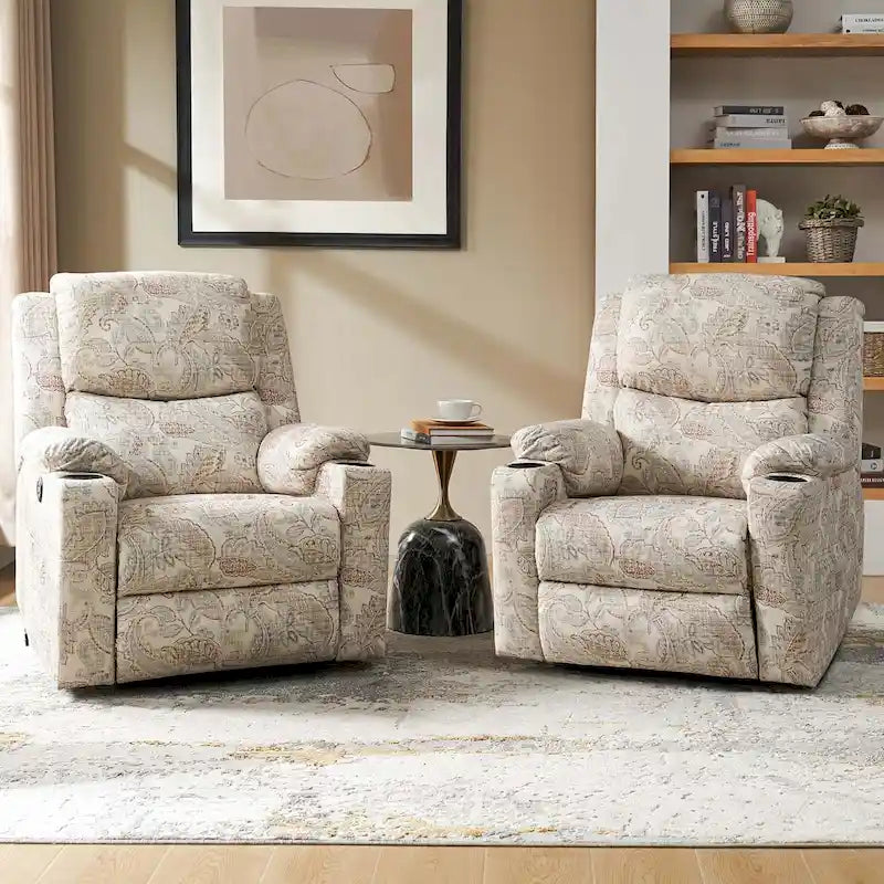 Ensemble de 2 fauteuils inclinables électriques chauffants à double moteur Larry Traditional Floral avec fonction massage, par HULALA HOME