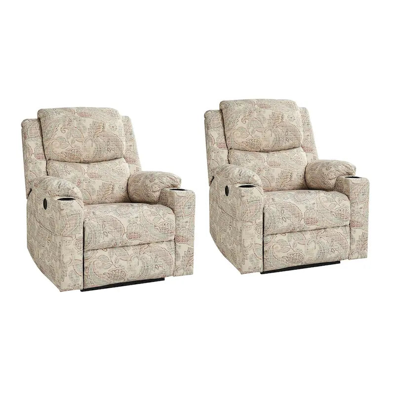 Ensemble de 2 fauteuils inclinables électriques chauffants à double moteur Larry Traditional Floral avec fonction massage, par HULALA HOME