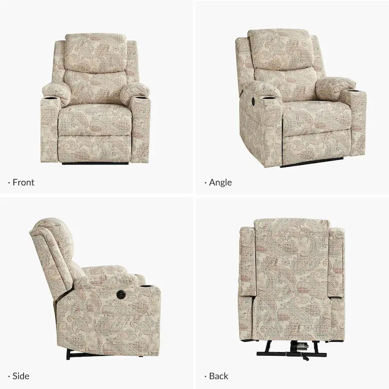 Ensemble de 2 fauteuils inclinables électriques chauffants à double moteur Larry Traditional Floral avec fonction massage, par HULALA HOME