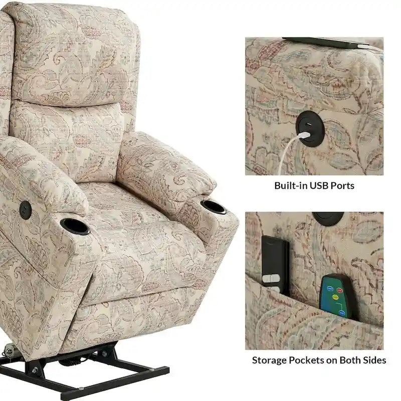 Ensemble de 2 fauteuils inclinables électriques chauffants à double moteur Larry Traditional Floral avec fonction massage, par HULALA HOME