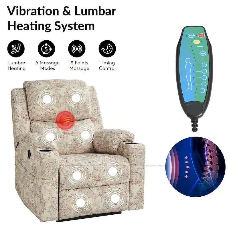 Ensemble de 2 fauteuils inclinables électriques chauffants à double moteur Larry Traditional Floral avec fonction massage, par HULALA HOME