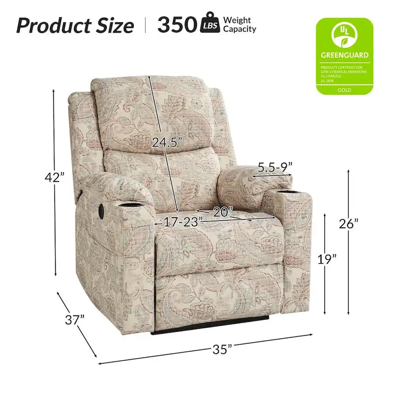Ensemble de 2 fauteuils inclinables électriques chauffants à double moteur Larry Traditional Floral avec fonction massage, par HULALA HOME