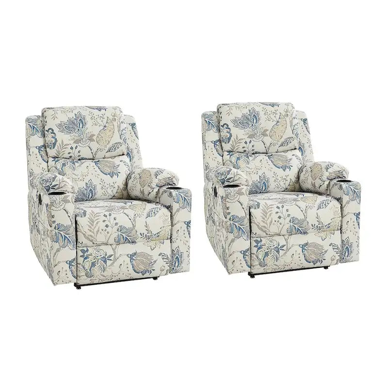 Ensemble de 2 fauteuils inclinables électriques chauffants à double moteur Larry Traditional Floral avec fonction massage, par HULALA HOME