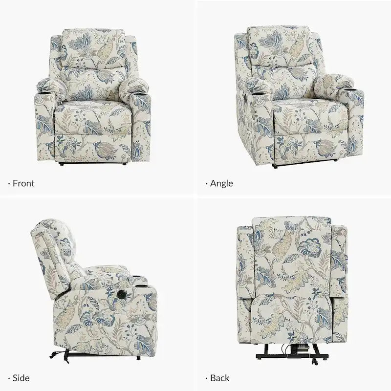 Ensemble de 2 fauteuils inclinables électriques chauffants à double moteur Larry Traditional Floral avec fonction massage, par HULALA HOME