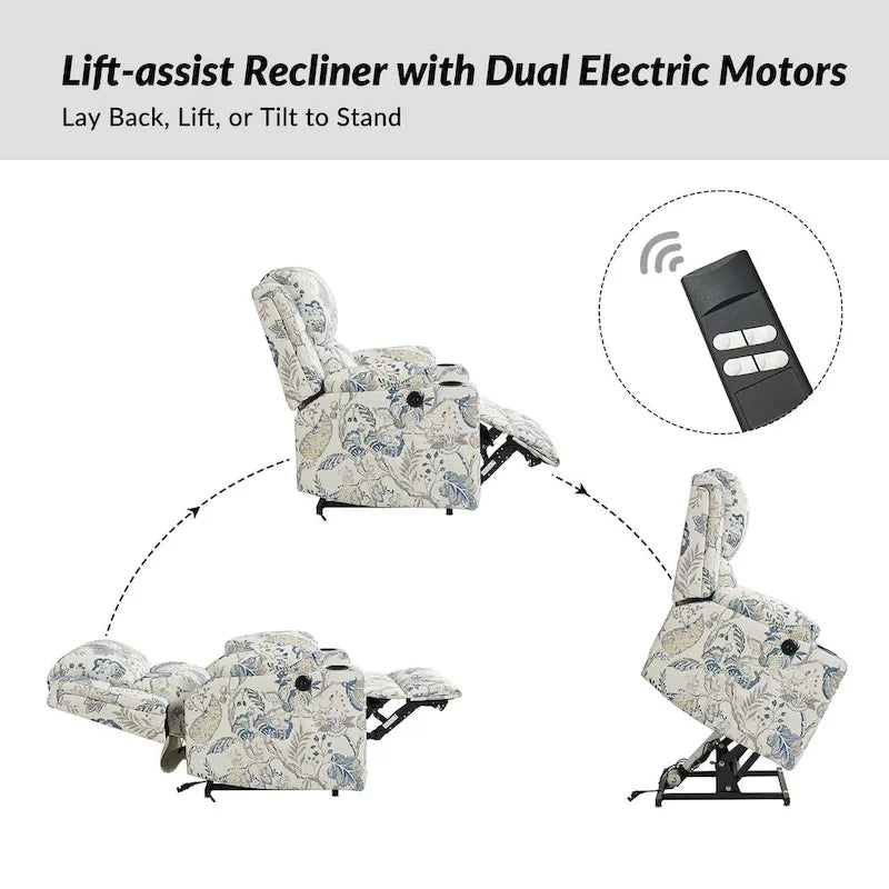 Ensemble de 2 fauteuils inclinables électriques chauffants à double moteur Larry Traditional Floral avec fonction massage, par HULALA HOME