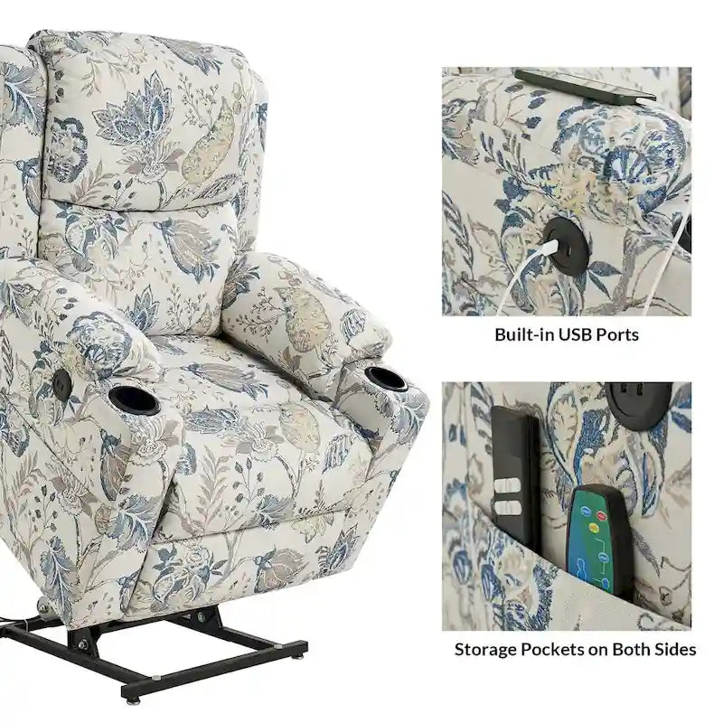 Ensemble de 2 fauteuils inclinables électriques chauffants à double moteur Larry Traditional Floral avec fonction massage, par HULALA HOME
