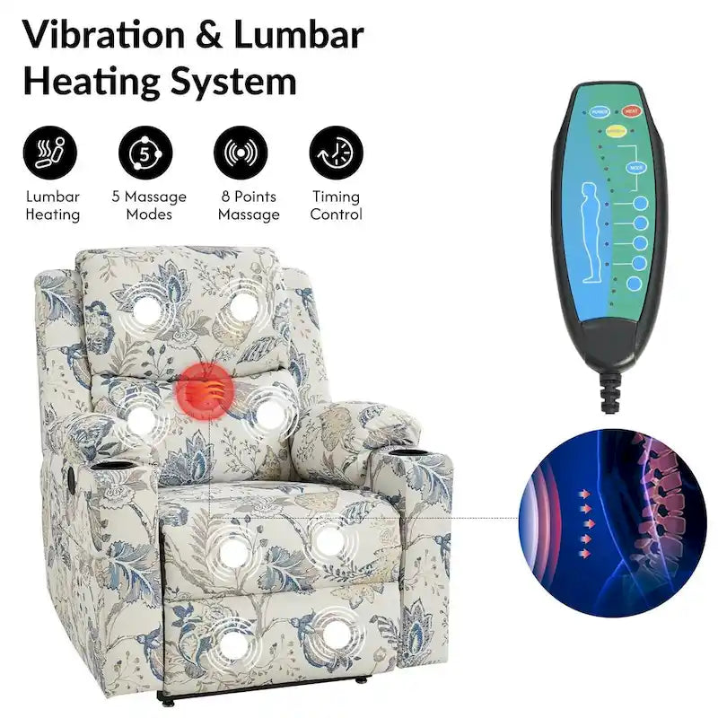 Ensemble de 2 fauteuils inclinables électriques chauffants à double moteur Larry Traditional Floral avec fonction massage, par HULALA HOME