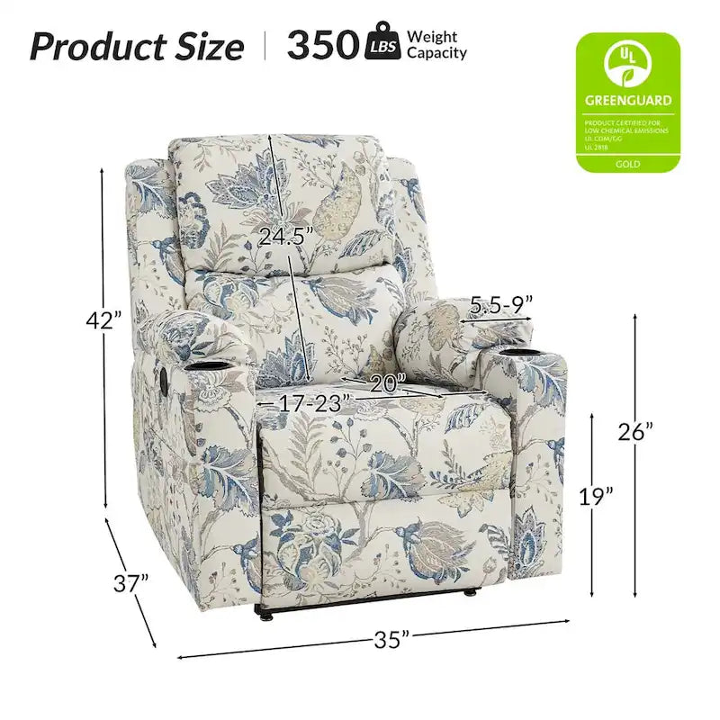 Ensemble de 2 fauteuils inclinables électriques chauffants à double moteur Larry Traditional Floral avec fonction massage, par HULALA HOME