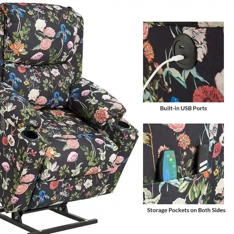 Ensemble de 2 fauteuils inclinables électriques chauffants à double moteur Larry Traditional Floral avec fonction massage, par HULALA HOME