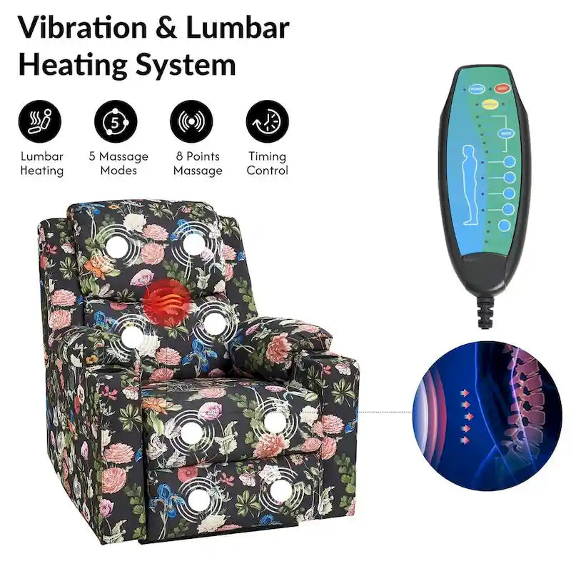 Ensemble de 2 fauteuils inclinables électriques chauffants à double moteur Larry Traditional Floral avec fonction massage, par HULALA HOME