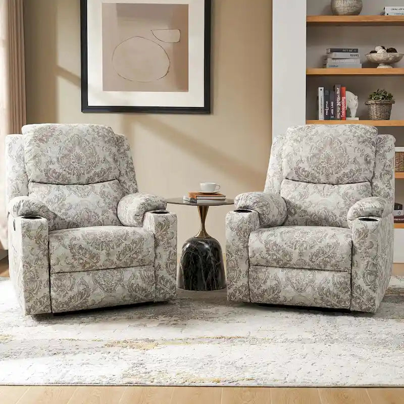 Ensemble de 2 fauteuils inclinables électriques chauffants à double moteur Larry Traditional Floral avec fonction massage, par HULALA HOME