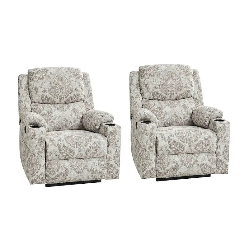 Ensemble de 2 fauteuils inclinables électriques chauffants à double moteur Larry Traditional Floral avec fonction massage, par HULALA HOME