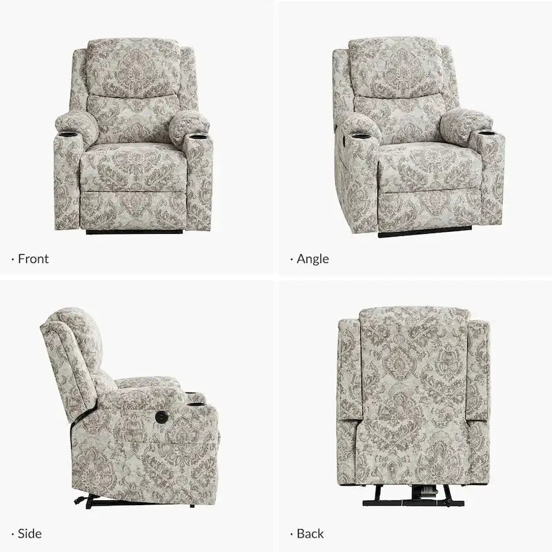 Ensemble de 2 fauteuils inclinables électriques chauffants à double moteur Larry Traditional Floral avec fonction massage, par HULALA HOME