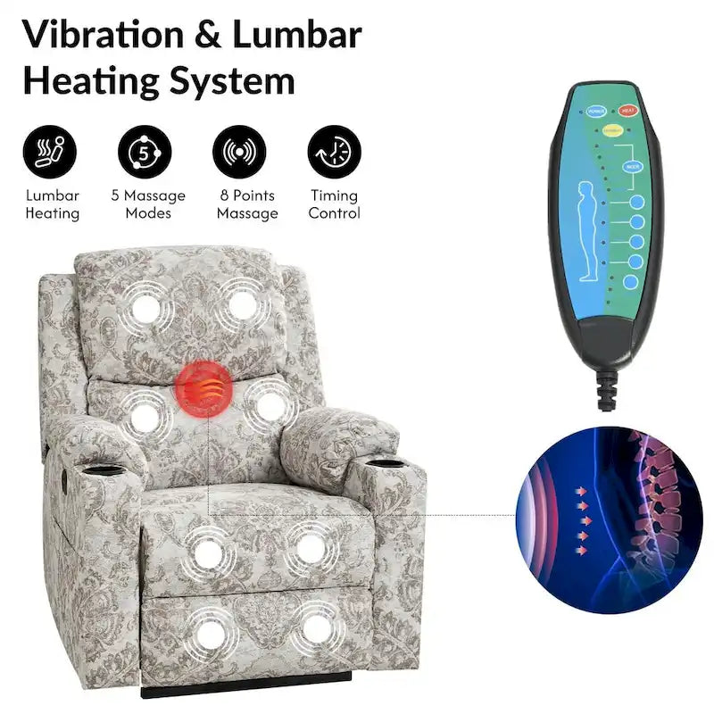 Ensemble de 2 fauteuils inclinables électriques chauffants à double moteur Larry Traditional Floral avec fonction massage, par HULALA HOME