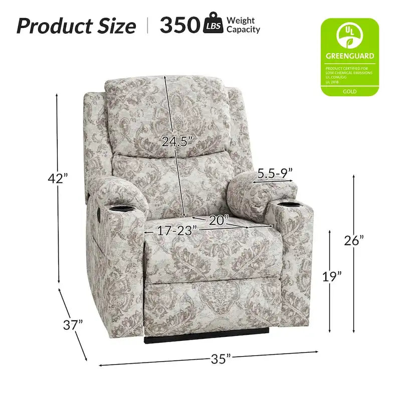 Ensemble de 2 fauteuils inclinables électriques chauffants à double moteur Larry Traditional Floral avec fonction massage, par HULALA HOME