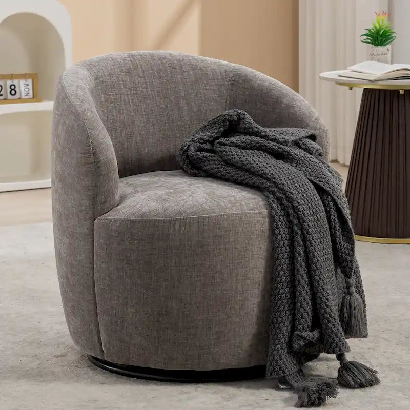 Fauteuil pivotant d'appoint en tissu chenille, style tonneau, avec anneau métallique à revêtement en poudre noir