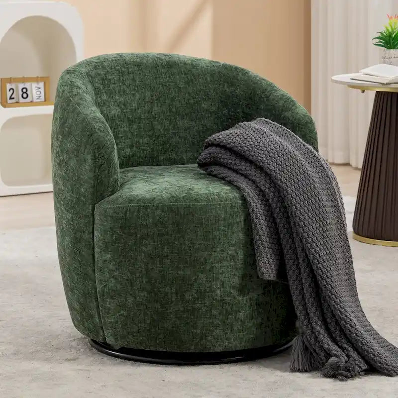 Fauteuil pivotant d'appoint en tissu chenille, style tonneau, avec anneau métallique à revêtement en poudre noir