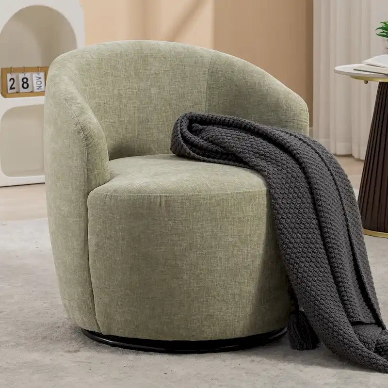 Fauteuil pivotant d'appoint en tissu chenille, style tonneau, avec anneau métallique à revêtement en poudre noir