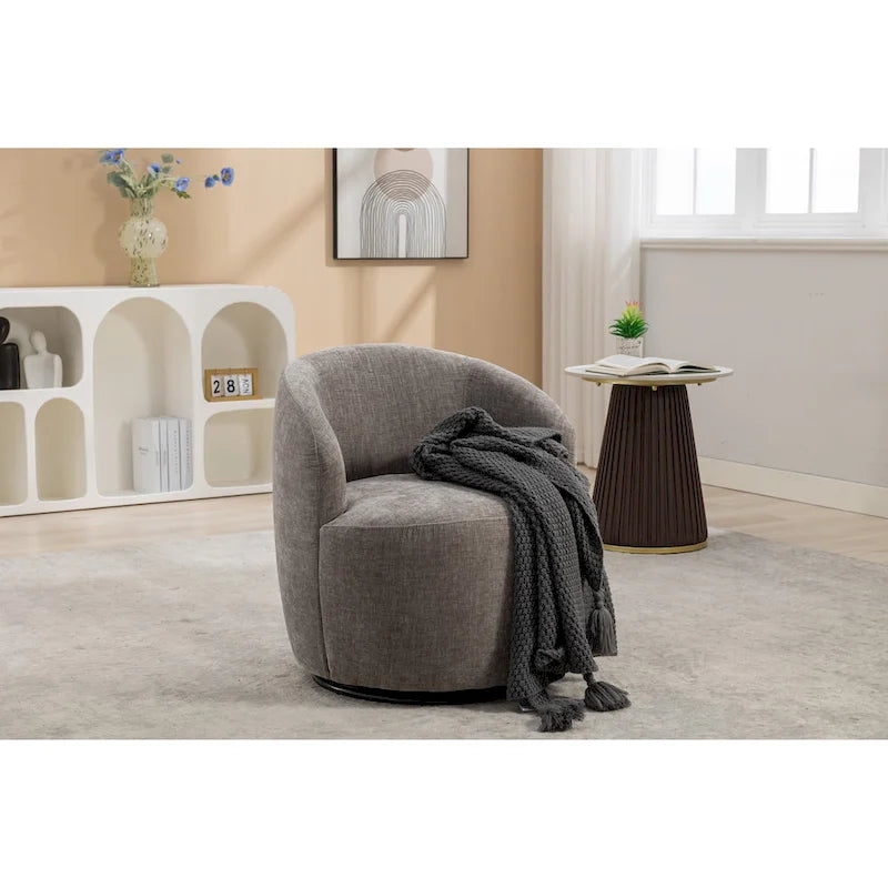 Fauteuil pivotant d'appoint en tissu chenille, style tonneau, avec anneau métallique à revêtement en poudre noir