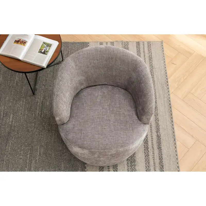 Fauteuil pivotant d'appoint en tissu chenille, style tonneau, avec anneau métallique à revêtement en poudre noir