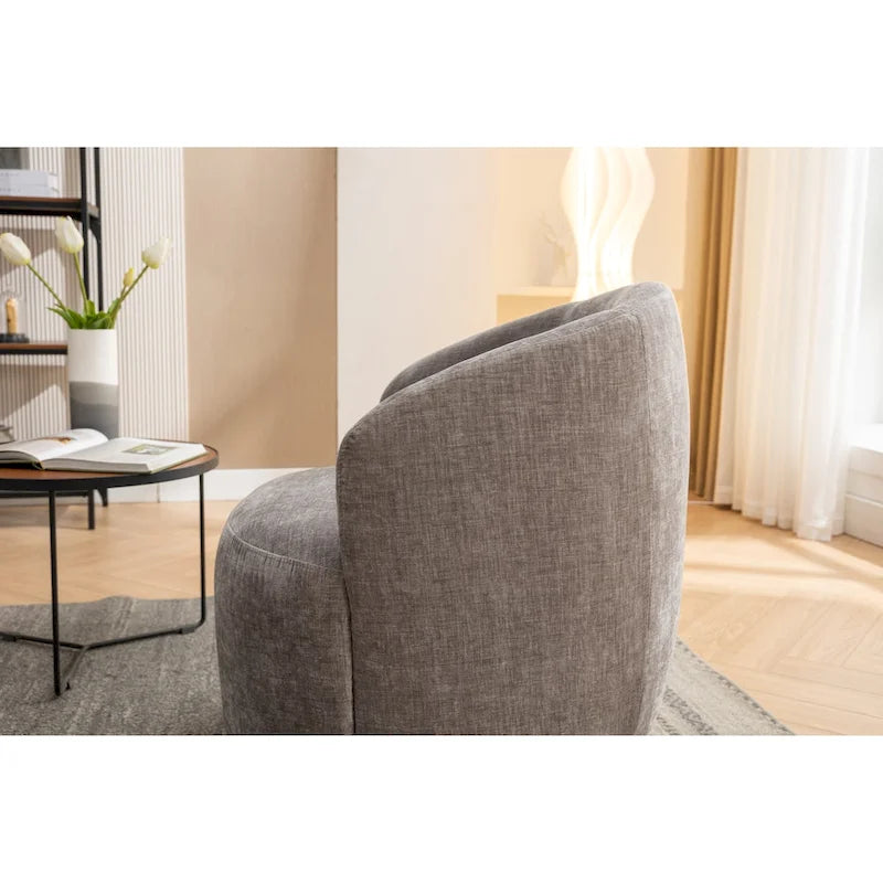 Fauteuil pivotant d'appoint en tissu chenille, style tonneau, avec anneau métallique à revêtement en poudre noir