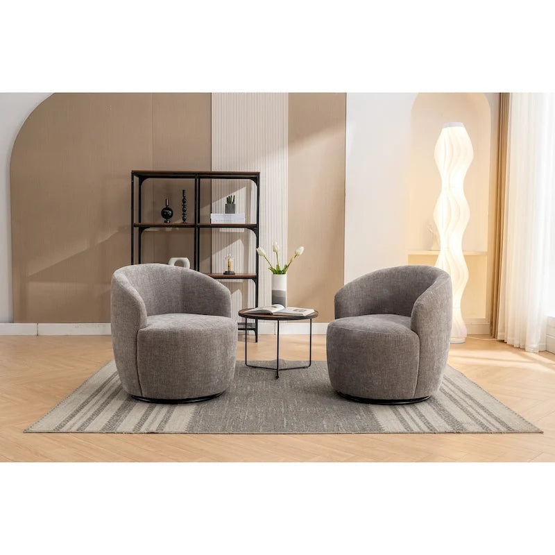 Fauteuil pivotant d'appoint en tissu chenille, style tonneau, avec anneau métallique à revêtement en poudre noir