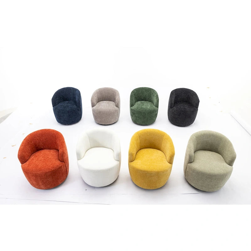 Fauteuil pivotant d'appoint en tissu chenille, style tonneau, avec anneau métallique à revêtement en poudre noir