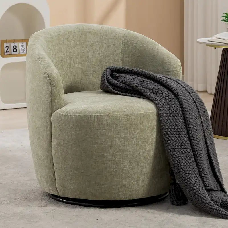 Fauteuil pivotant d'appoint en tissu chenille, style tonneau, avec anneau métallique à revêtement en poudre noir