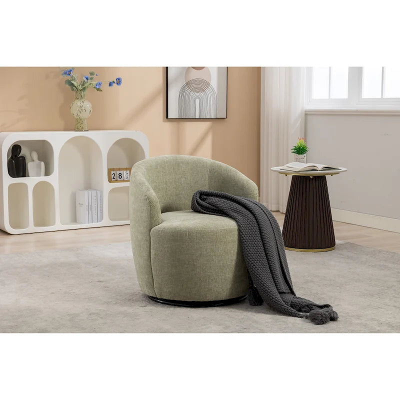 Fauteuil pivotant d'appoint en tissu chenille, style tonneau, avec anneau métallique à revêtement en poudre noir