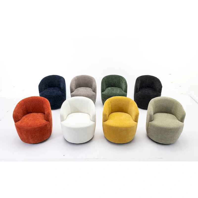 Fauteuil pivotant d'appoint en tissu chenille, style tonneau, avec anneau métallique à revêtement en poudre noir