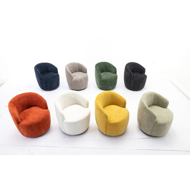 Fauteuil pivotant d'appoint en tissu chenille, style tonneau, avec anneau métallique à revêtement en poudre noir