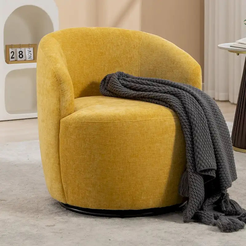 Fauteuil pivotant d'appoint en tissu chenille, style tonneau, avec anneau métallique à revêtement en poudre noir