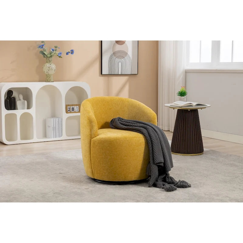 Fauteuil pivotant d'appoint en tissu chenille, style tonneau, avec anneau métallique à revêtement en poudre noir