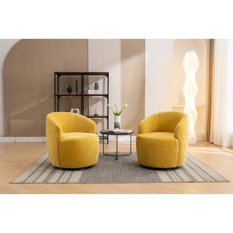 Fauteuil pivotant d'appoint en tissu chenille, style tonneau, avec anneau métallique à revêtement en poudre noir